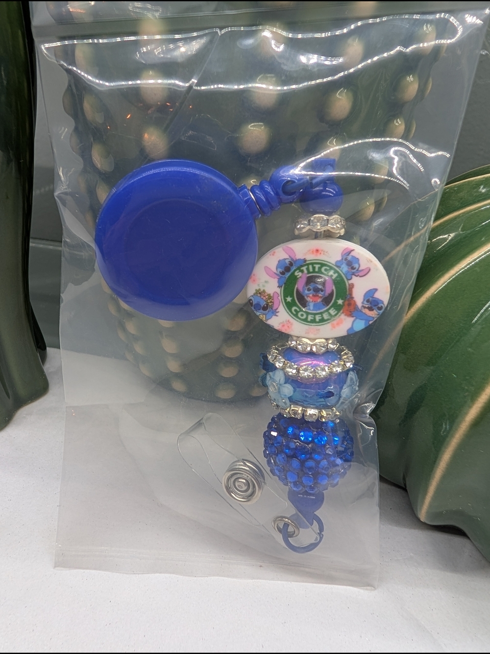 Stitch Coffee Blue Beaded Badge Reel